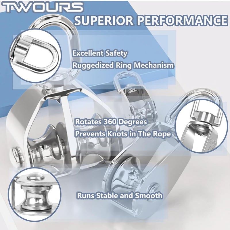 Twours Pulley 304 Stainless Steel Double Pulley Block M50 Small Heavy Duty Swivel Bearing Pulley System for Rigging, Lifting, Cargo Transportation,Gym Equipment (SHL-M50 2PCS) - Image 4